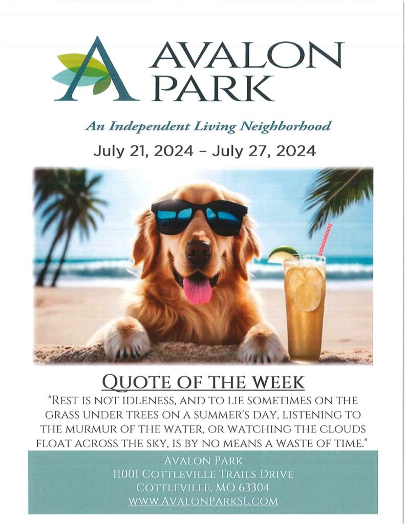 Senior Living Cottleville MO - Avalon Park’s Upcoming Events July 21st-27th