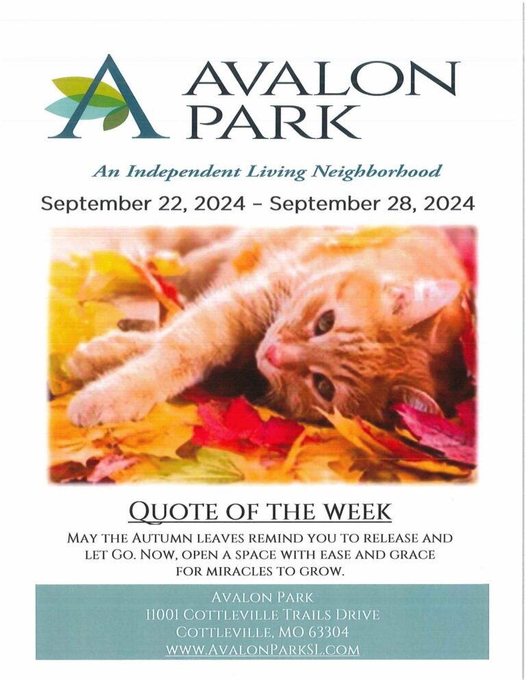 Senior Living Cottleville MO - Avalon Park’s Upcoming Events September 22nd - 28th and Alzheimer's Walk