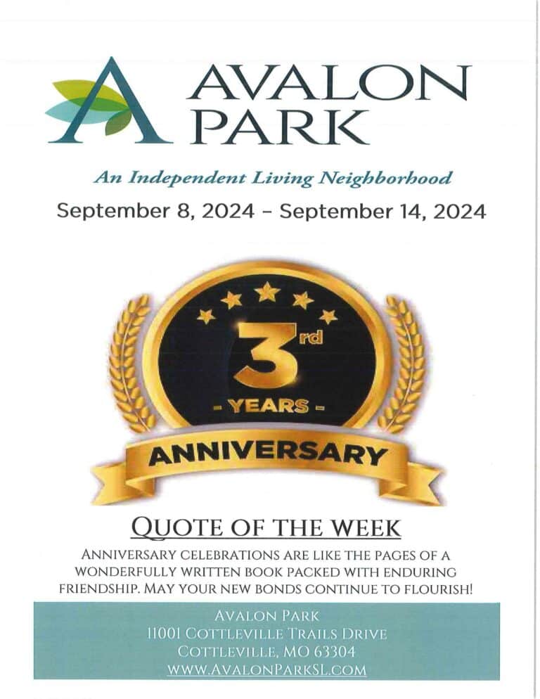 Senior Living Cottleville MO - Avalon Park’s Upcoming Events September 8th - 14th, Our 3rd Year Anniversary