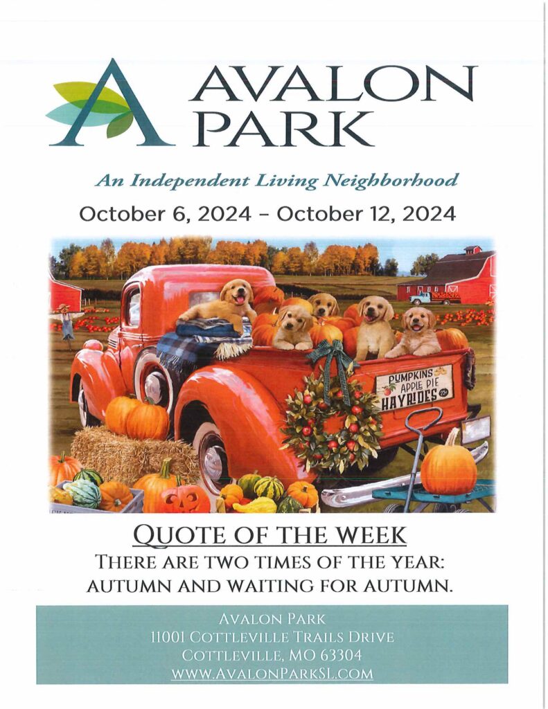 Senior Living Cottleville MO - Avalon Park’s Upcoming Events October 6th - 12th