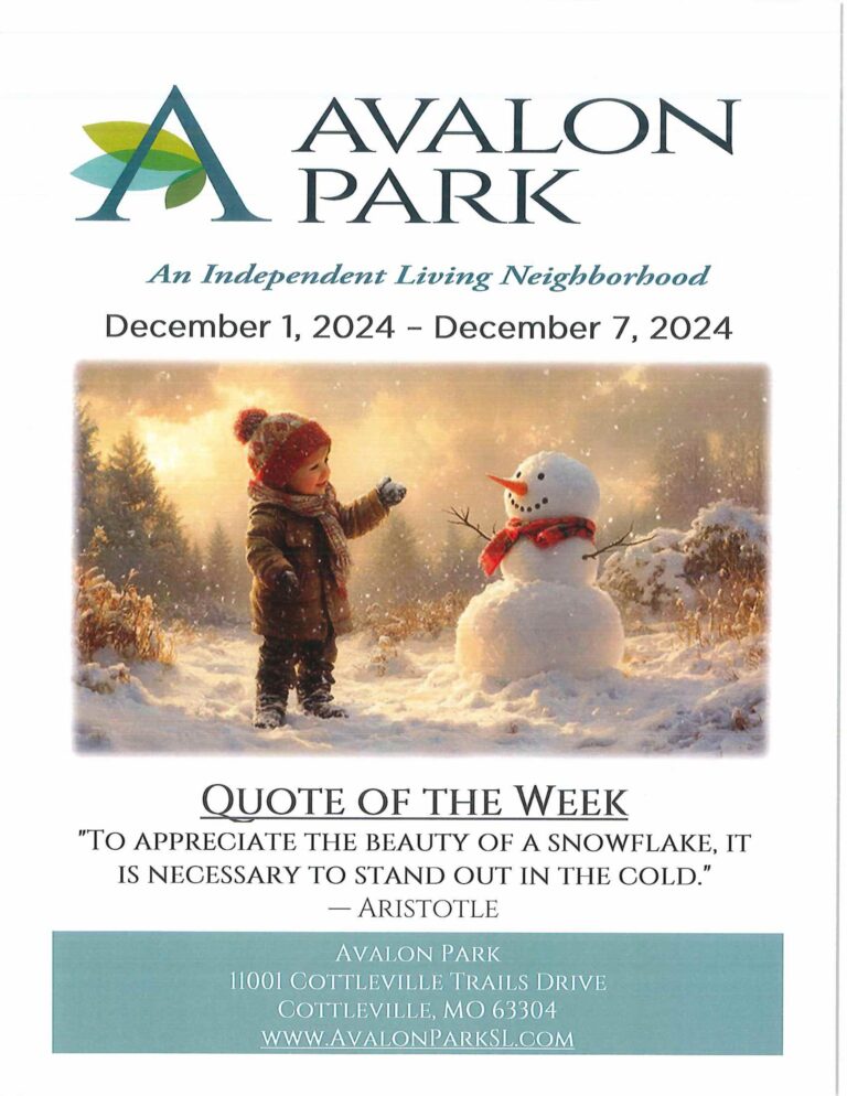 Senior Living Cottleville MO - Avalon Park’s Upcoming Events December 1st - 7th