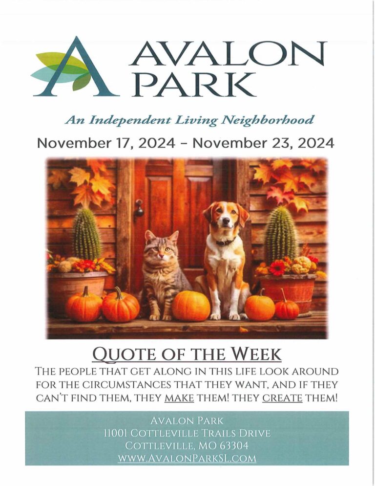 Senior Living Cottleville MO - Avalon Park’s Upcoming Events November 17th - 23rd