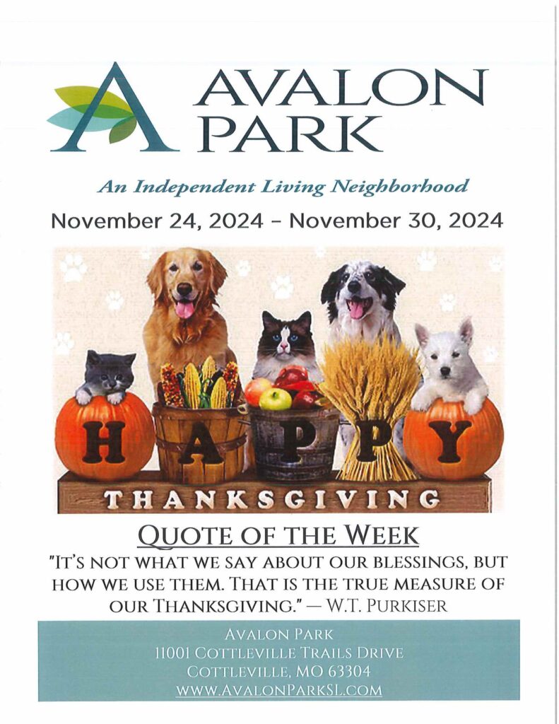 Senior Living Cottleville MO - Avalon Park’s Upcoming Events November 24th - 30th