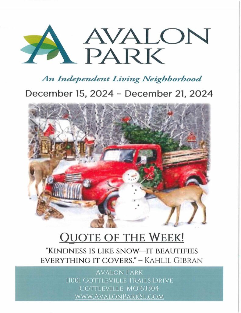 Senior Living Cottleville MO - Avalon Park’s Upcoming Events December 15th - 21st