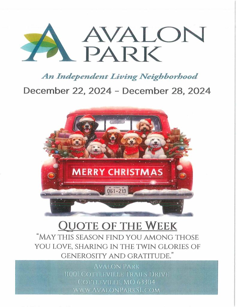 Senior Living Cottleville MO - Avalon Park’s Upcoming Events December 22nd - 28th