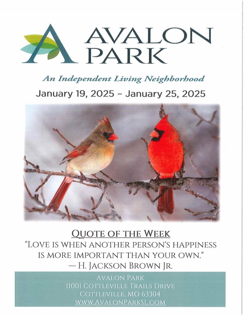 Senior Living Cottleville MO - Avalon Park’s Upcoming Events January 19th - 25th